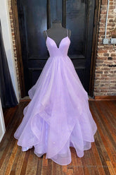 A-Line Lavender Shiny Tulle Prom Dresses, Long Spaghetti Strap Evening Dresses